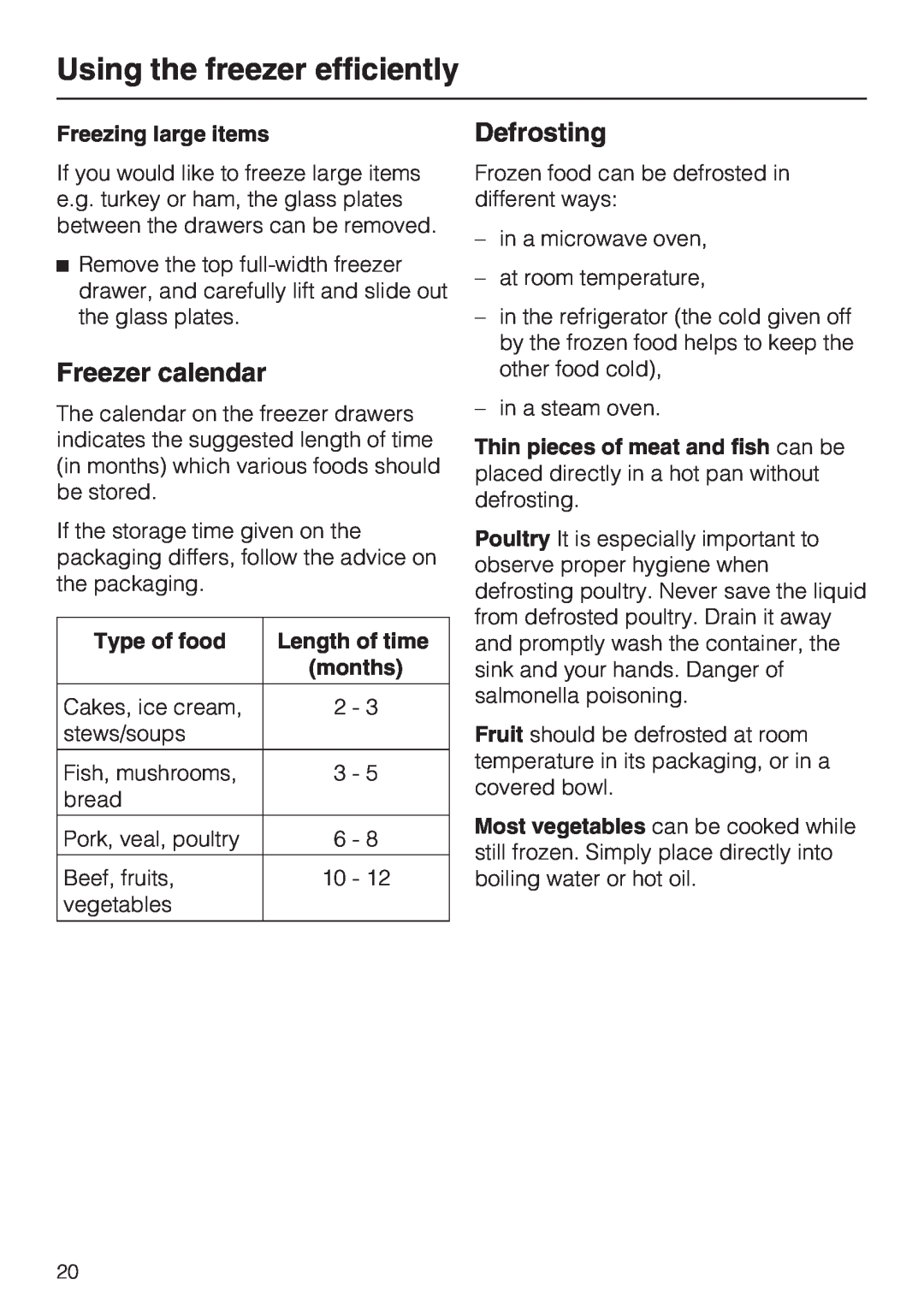 Miele KFN 9753 ID Freezer calendar, Defrosting, Freezing large items, Type of food, Length of time, months 