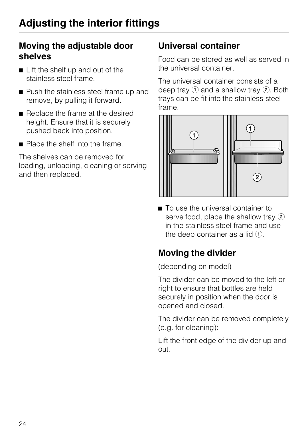 Miele KFN 9753 ID installation instructions Moving the adjustable door shelves, Universal container, Moving the divider 