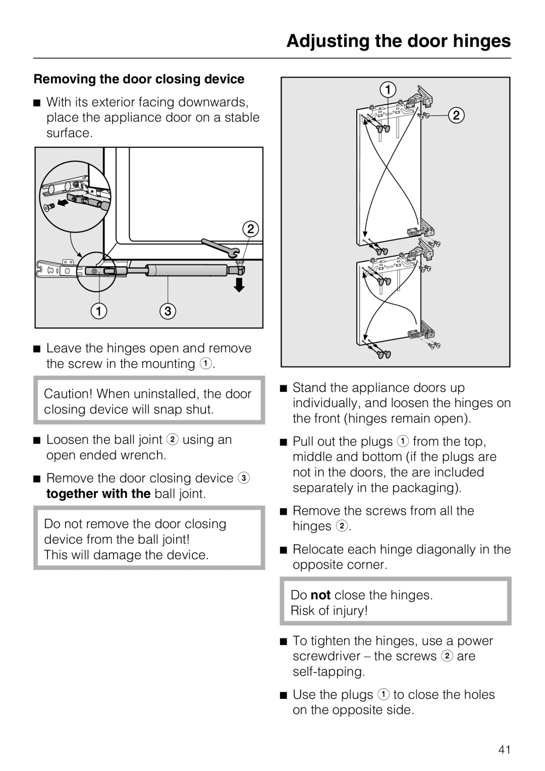 Miele KFN 9753 ID installation instructions Removing the door closing device, Adjusting the door hinges 
