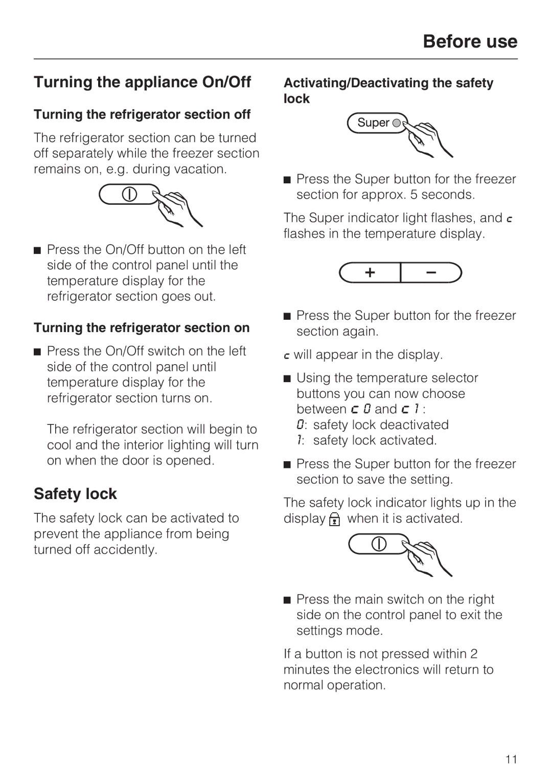 Miele KFN 9755 IDE Turning the appliance On/Off, Safety lock, Turning the refrigerator section off 