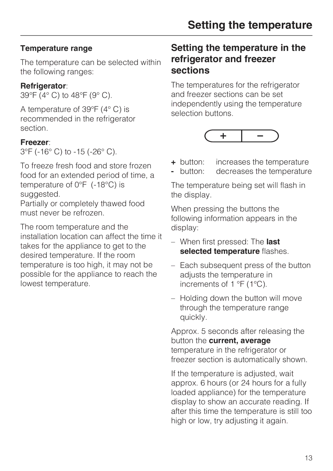 Miele KFN 9755 IDE installation instructions Setting the temperature, Temperature range, Refrigerator, Freezer 