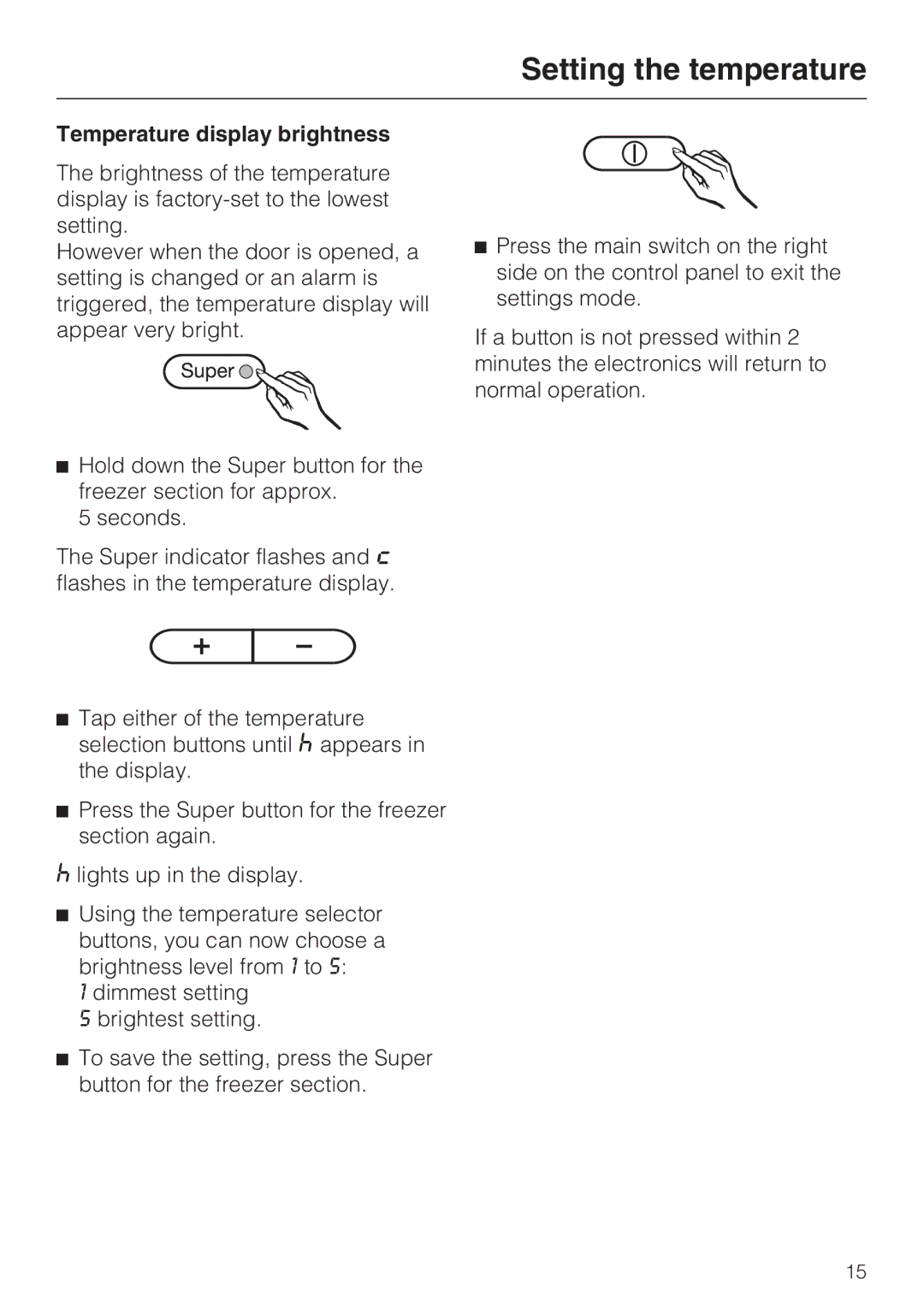 Miele KFN 9755 IDE installation instructions Temperature display brightness 