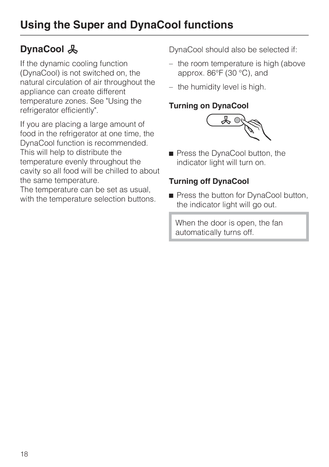 Miele KFN 9755 IDE installation instructions DynaCool m, Turning on DynaCool, Turning off DynaCool 