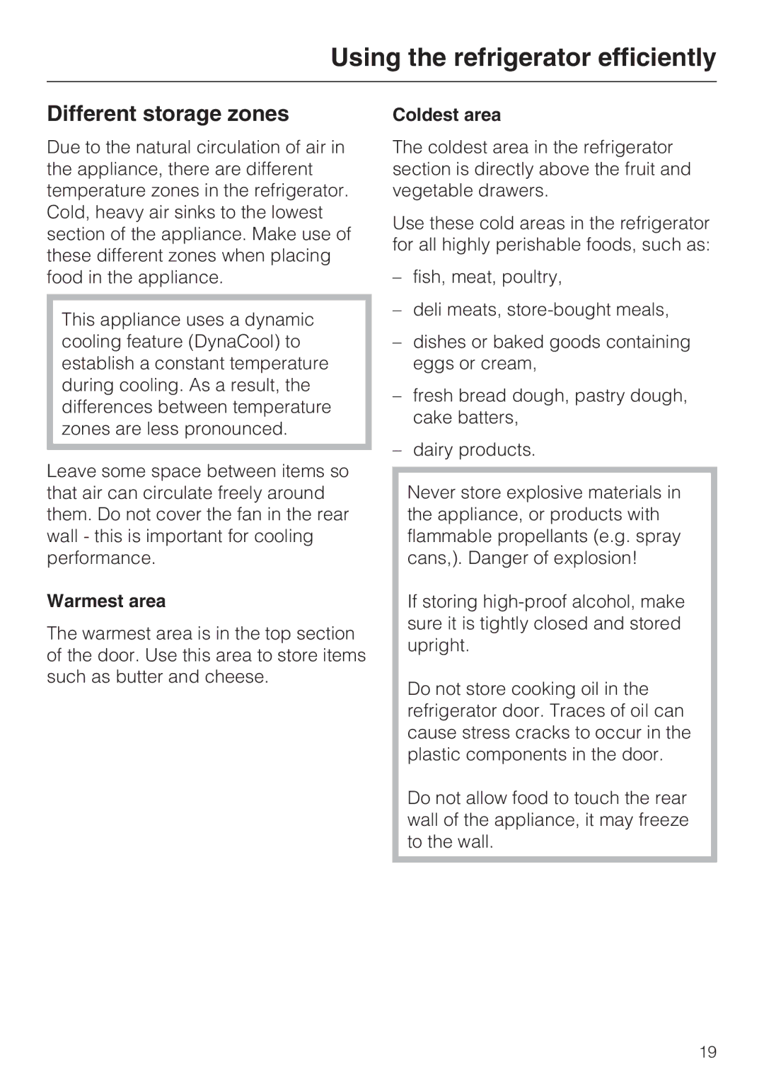 Miele KFN 9755 IDE Using the refrigerator efficiently, Different storage zones, Warmest area, Coldest area 