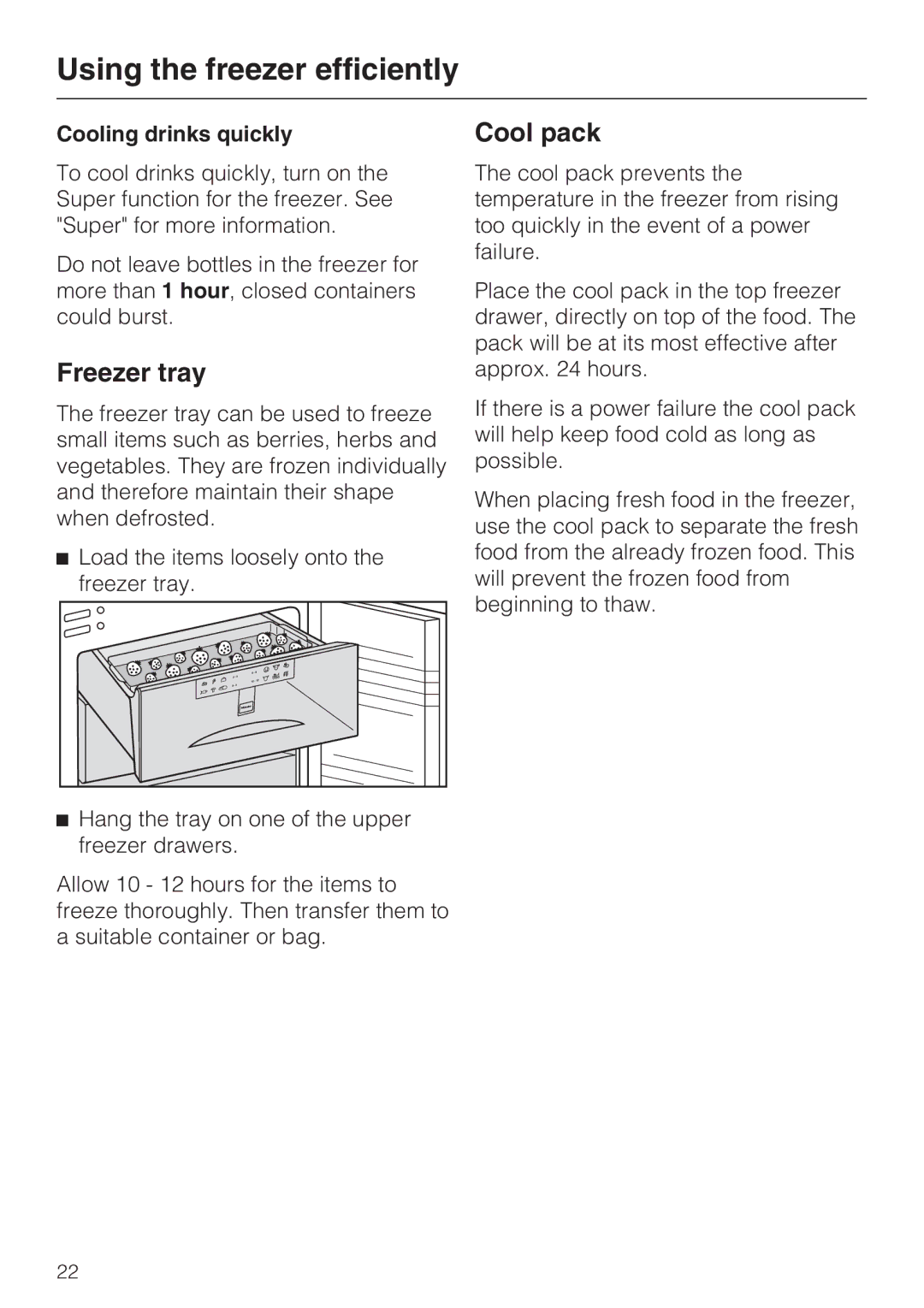 Miele KFN 9755 IDE installation instructions Freezer tray, Cooling drinks quickly 