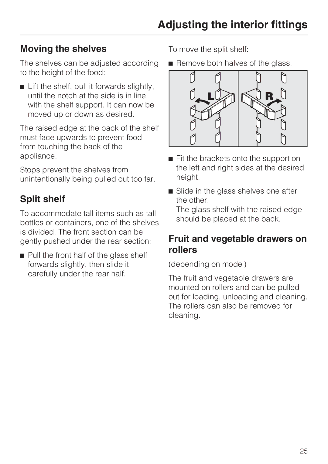 Miele KFN 9755 IDE installation instructions Adjusting the interior fittings, Moving the shelves, Split shelf 