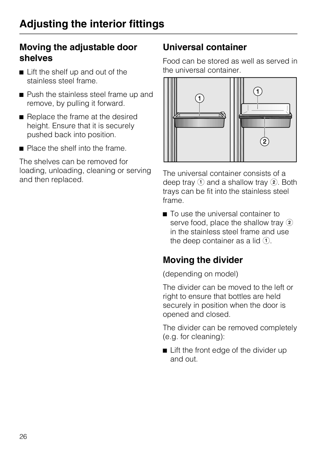 Miele KFN 9755 IDE installation instructions Moving the adjustable door shelves, Universal container, Moving the divider 