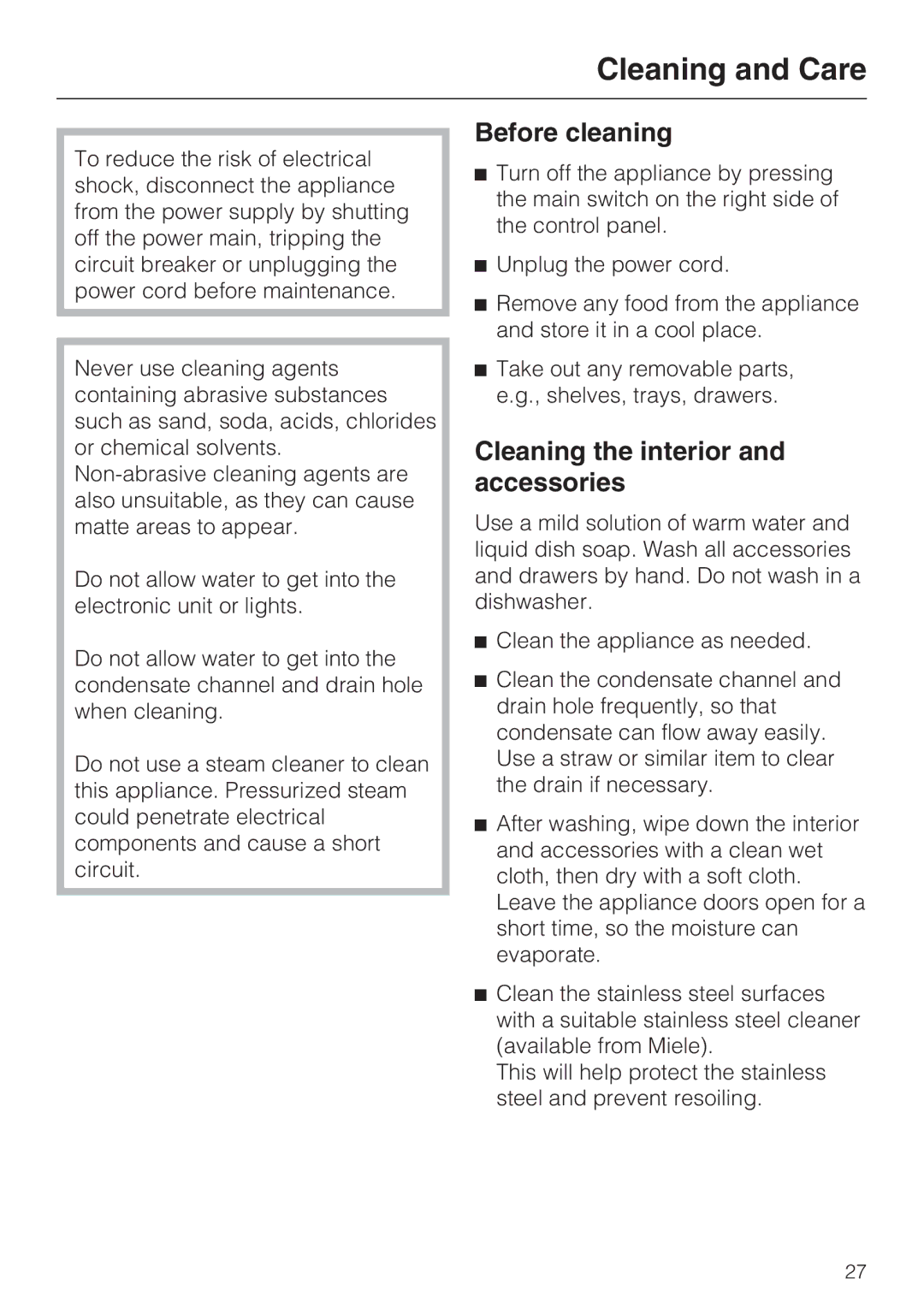 Miele KFN 9755 IDE installation instructions Cleaning and Care, Before cleaning, Cleaning the interior and accessories 