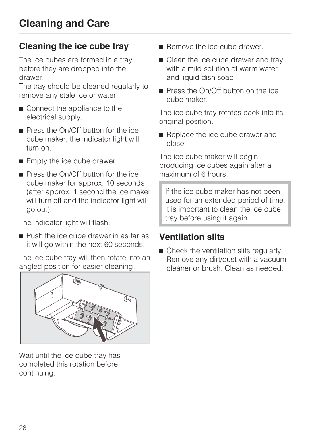 Miele KFN 9755 IDE installation instructions Cleaning the ice cube tray, Ventilation slits 