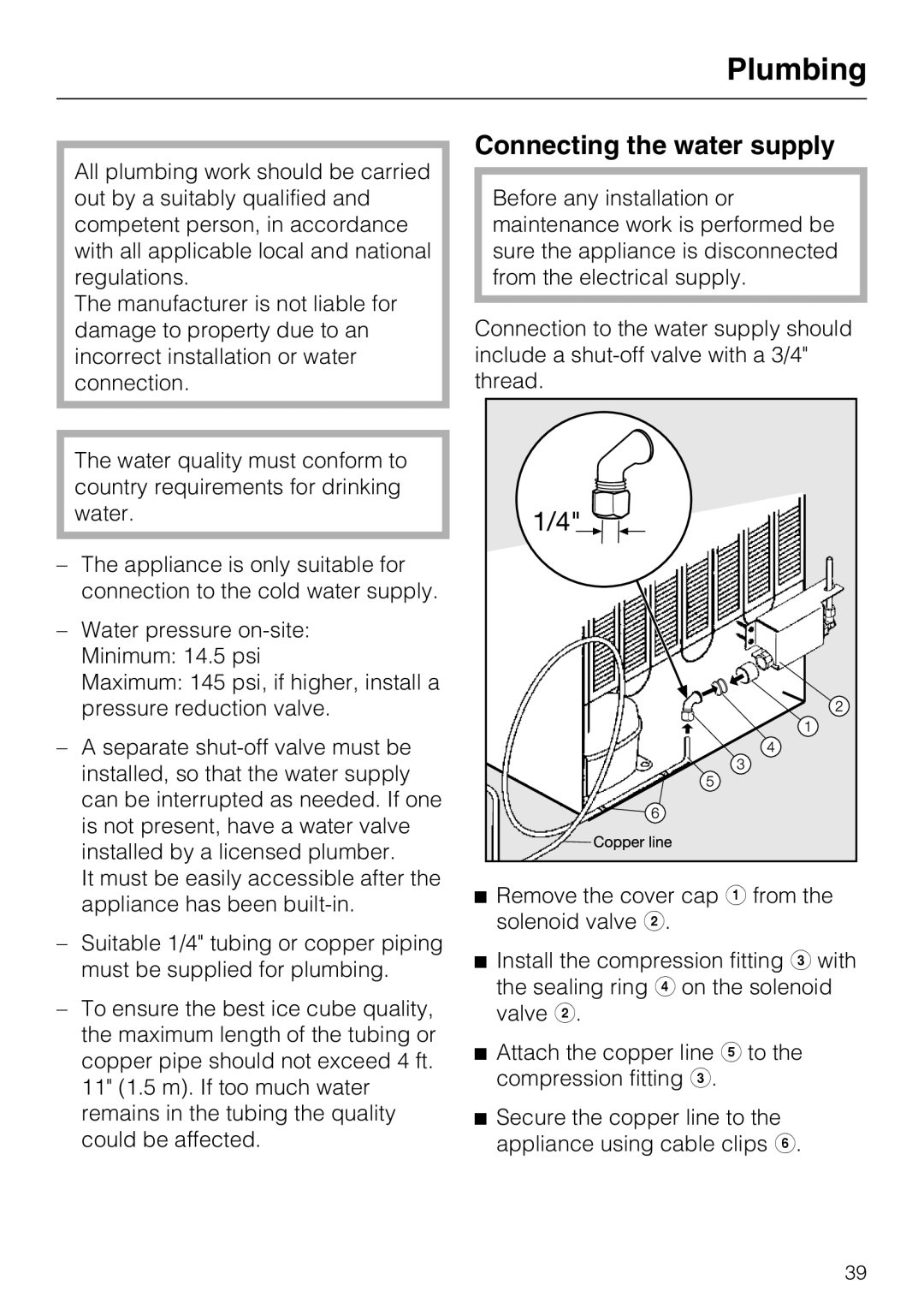 Miele KFN 9755 IDE installation instructions Plumbing, Connecting the water supply 