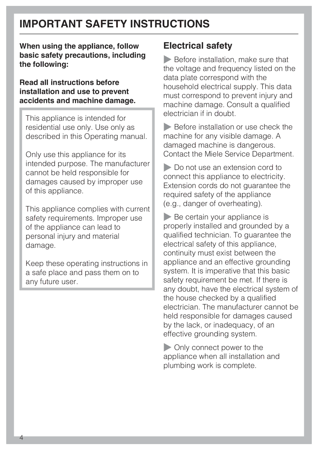 Miele KFN 9755 IDE installation instructions Important Safety Instructions, Electrical safety 