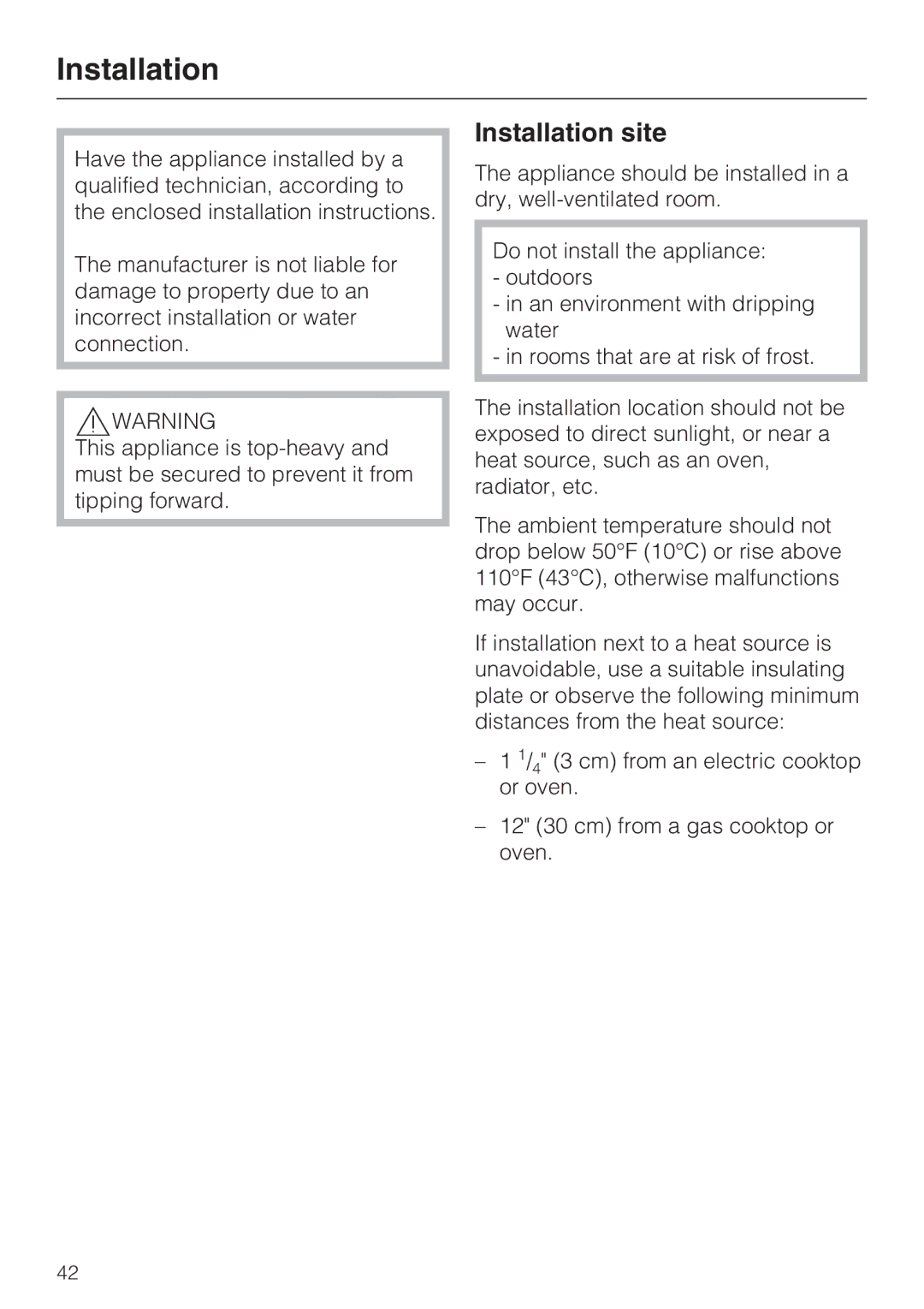 Miele KFN 9755 IDE installation instructions Installation site 