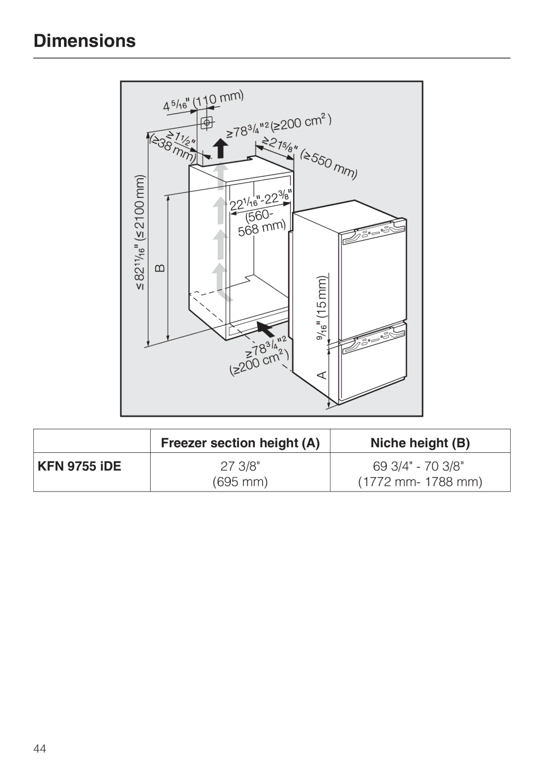 Miele KFN 9755 IDE installation instructions Dimensions, Freezer section height a Niche height B KFN 9755 iDE 