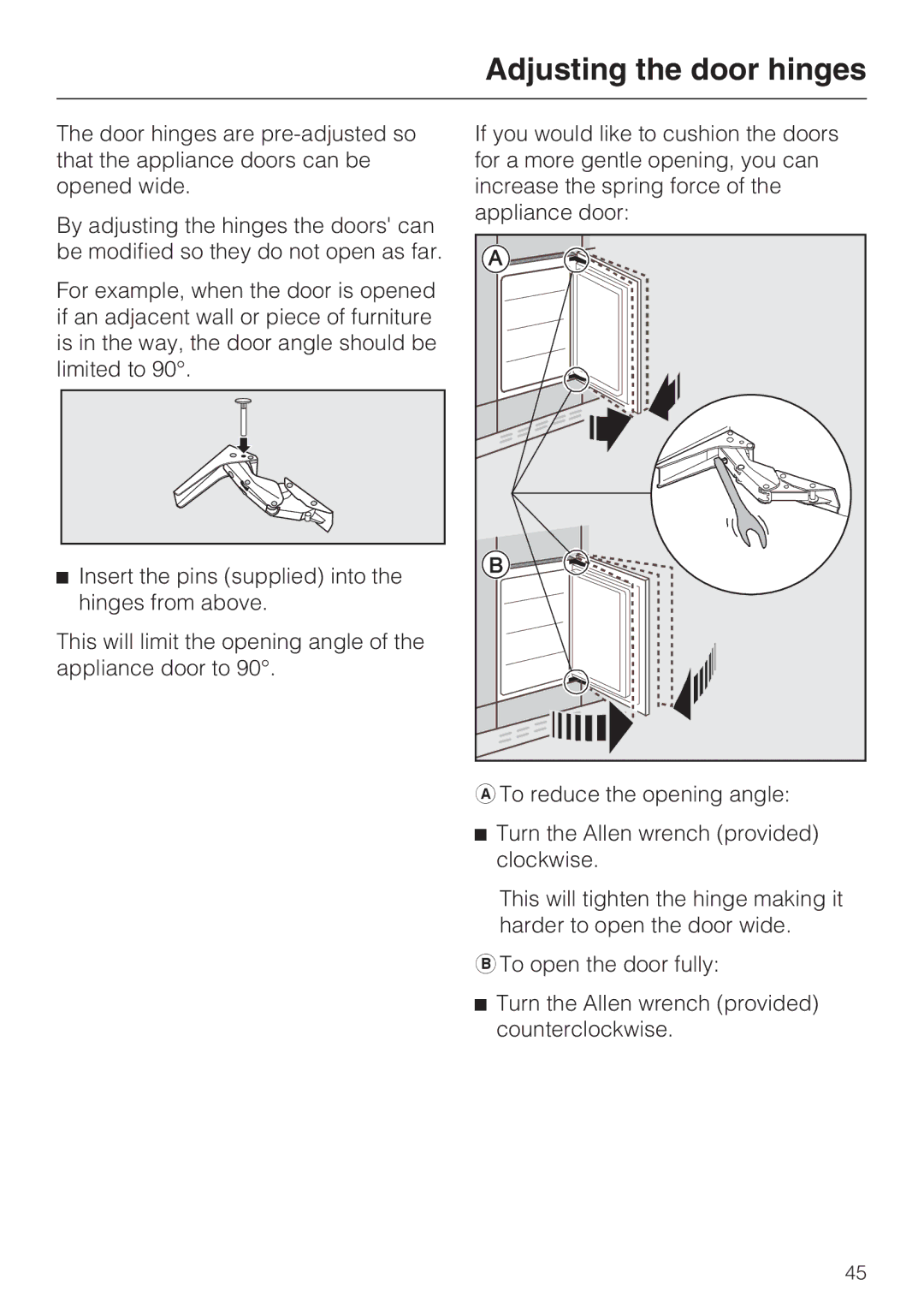 Miele KFN 9755 IDE installation instructions Adjusting the door hinges 