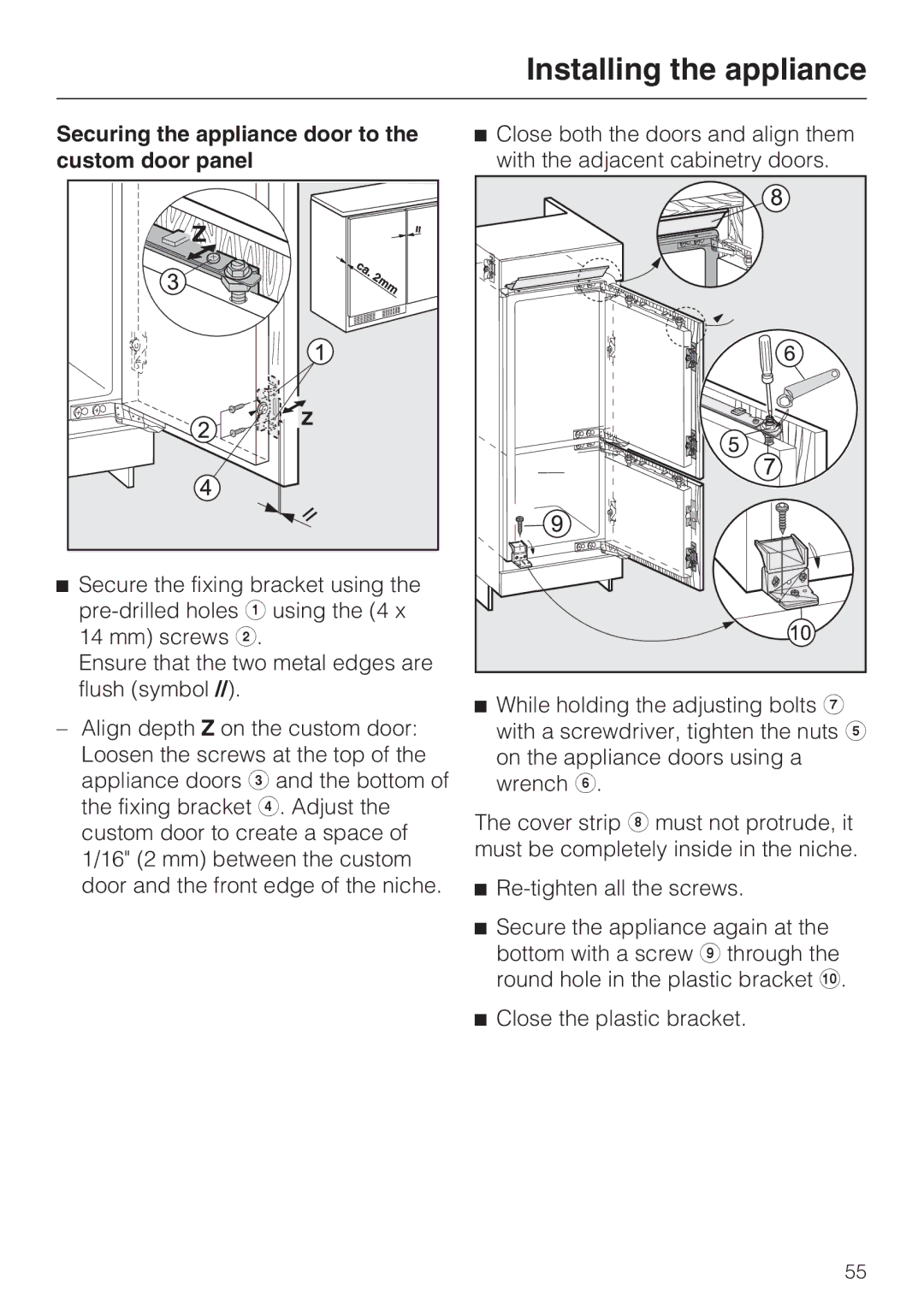 Miele KFN 9755 IDE installation instructions Securing the appliance door to the custom door panel 