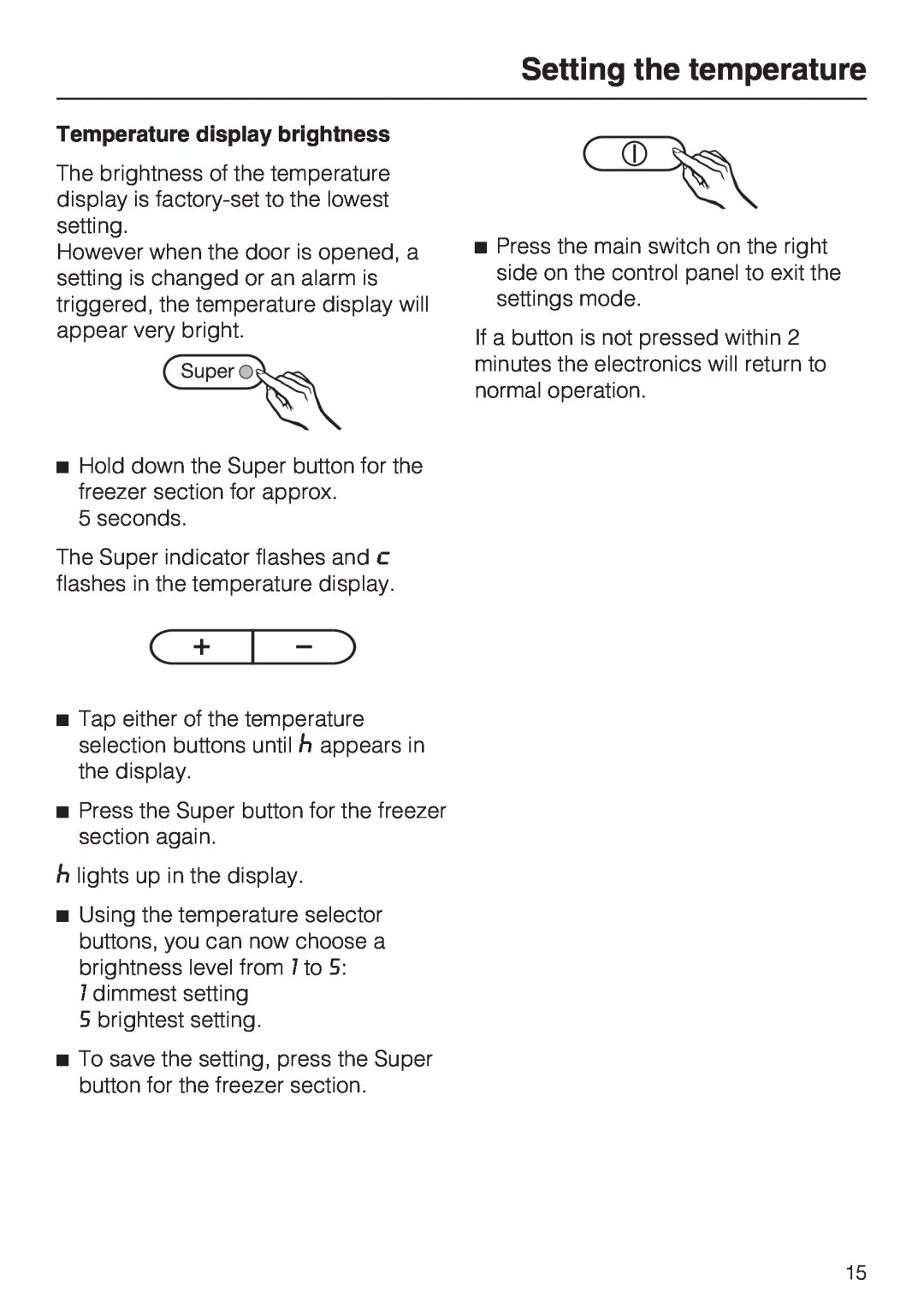 Miele KFN 9755 IDE installation instructions Setting the temperature, Temperature display brightness 