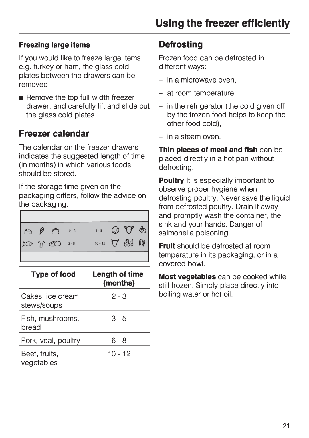 Miele KFN 9755 IDE Freezer calendar, Defrosting, Using the freezer efficiently, Freezing large items, Type of food, months 