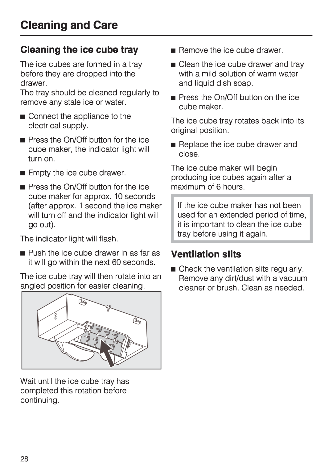 Miele KFN 9755 IDE installation instructions Cleaning the ice cube tray, Ventilation slits, Cleaning and Care 