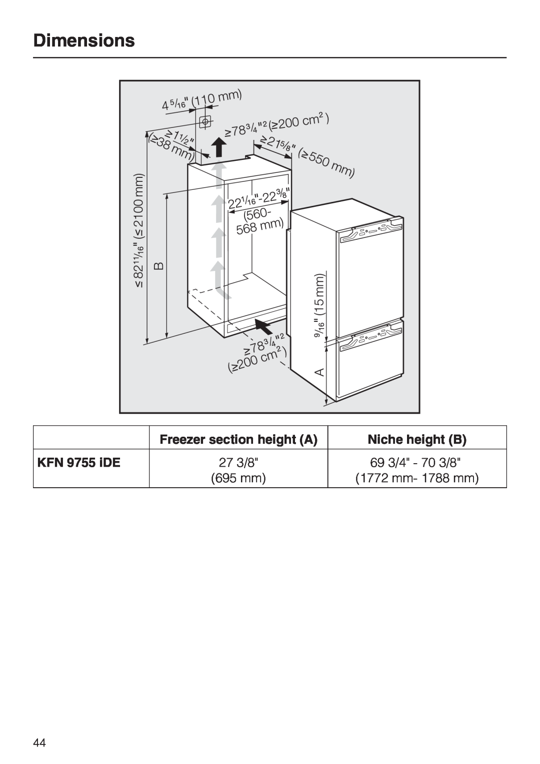 Miele KFN 9755 IDE installation instructions Dimensions, Freezer section height A, Niche height B, KFN 9755 iDE 