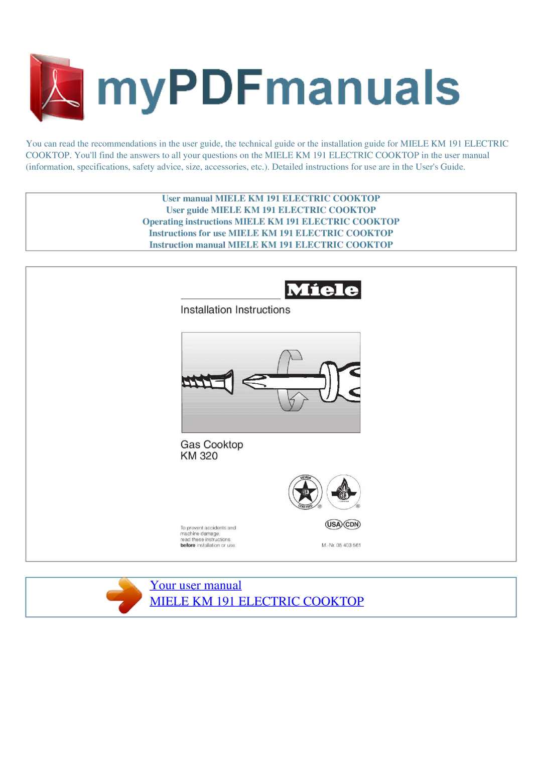 Miele user manual Miele KM 191 Electric Cooktop 