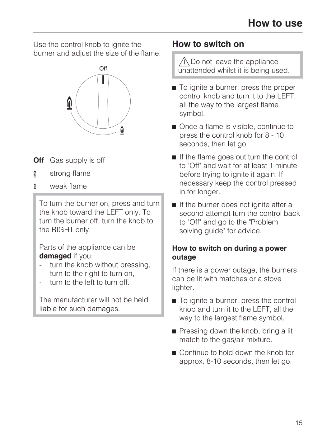 Miele KM 2030, KM 2050 manual How to use, How to switch on during a power outage 