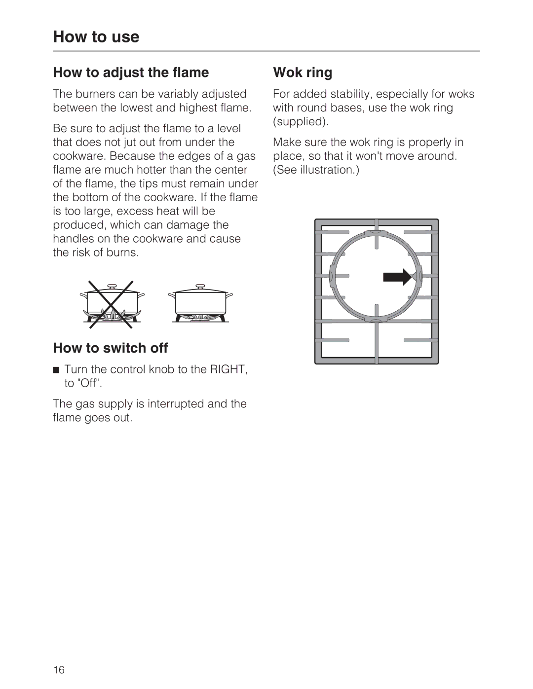 Miele KM 2050, KM 2030 manual How to adjust the flame, How to switch off, Wok ring 