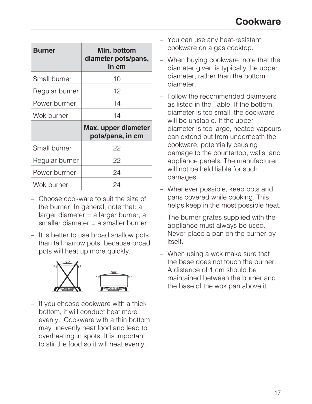 Miele KM 2030, KM 2050 manual Cookware, Burner Min. bottom 