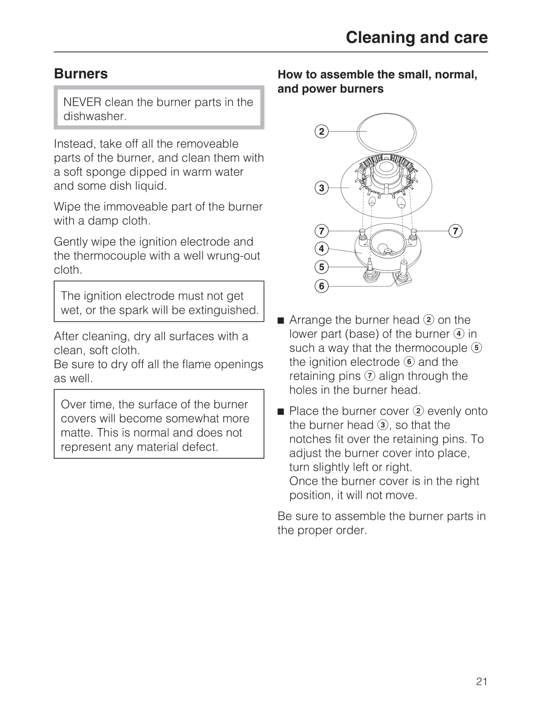 Miele KM 2030, KM 2050 manual Burners, How to assemble the small, normal, and power burners 