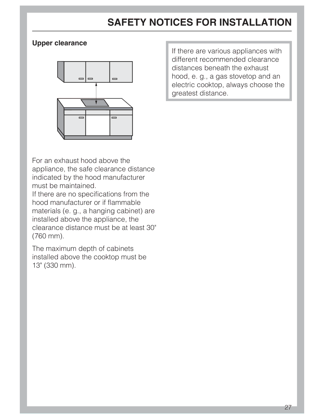 Miele KM 2030, KM 2050 manual Upper clearance 