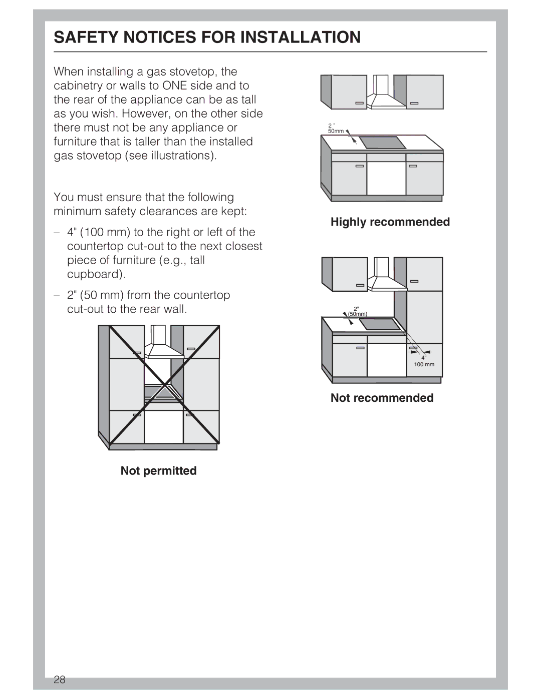 Miele KM 2050, KM 2030 manual Not permitted Highly recommended Not recommended 