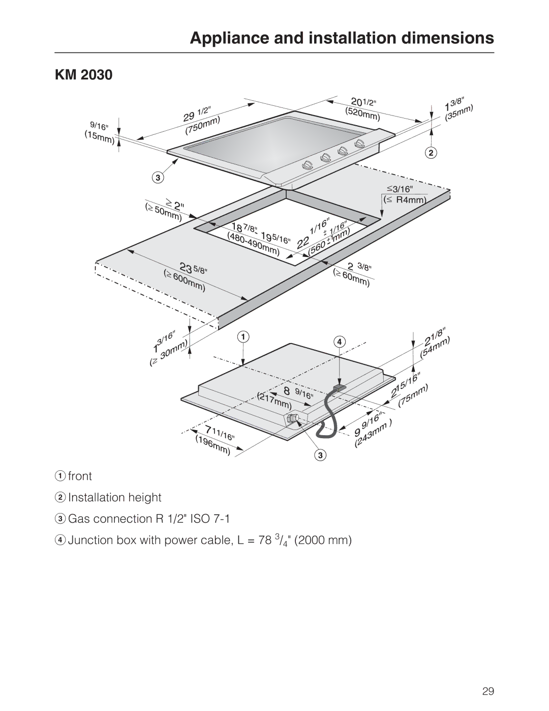 Miele KM 2030, KM 2050 manual Appliance and installation dimensions 