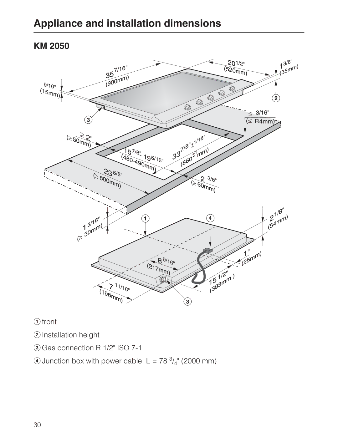 Miele KM 2050, KM 2030 manual Appliance and installation dimensions 