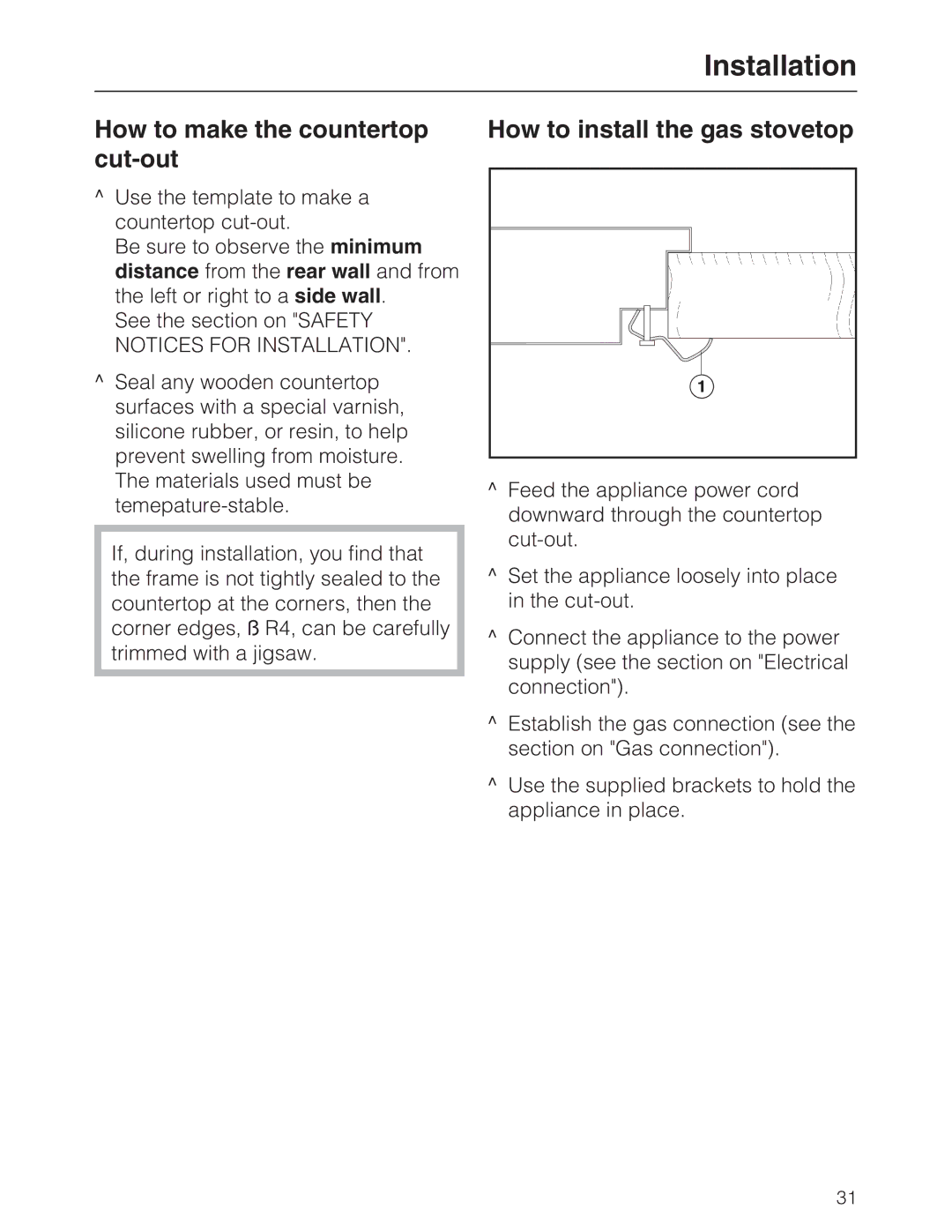 Miele KM 2030, KM 2050 manual Installation, How to make the countertop cut-out, How to install the gas stovetop 