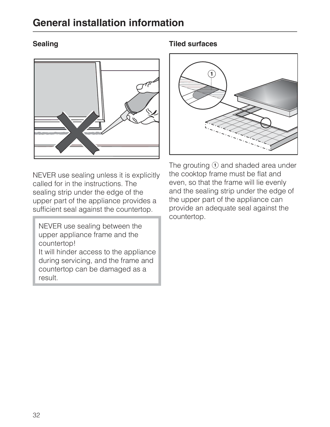 Miele KM 2050, KM 2030 manual General installation information, Tiled surfaces 