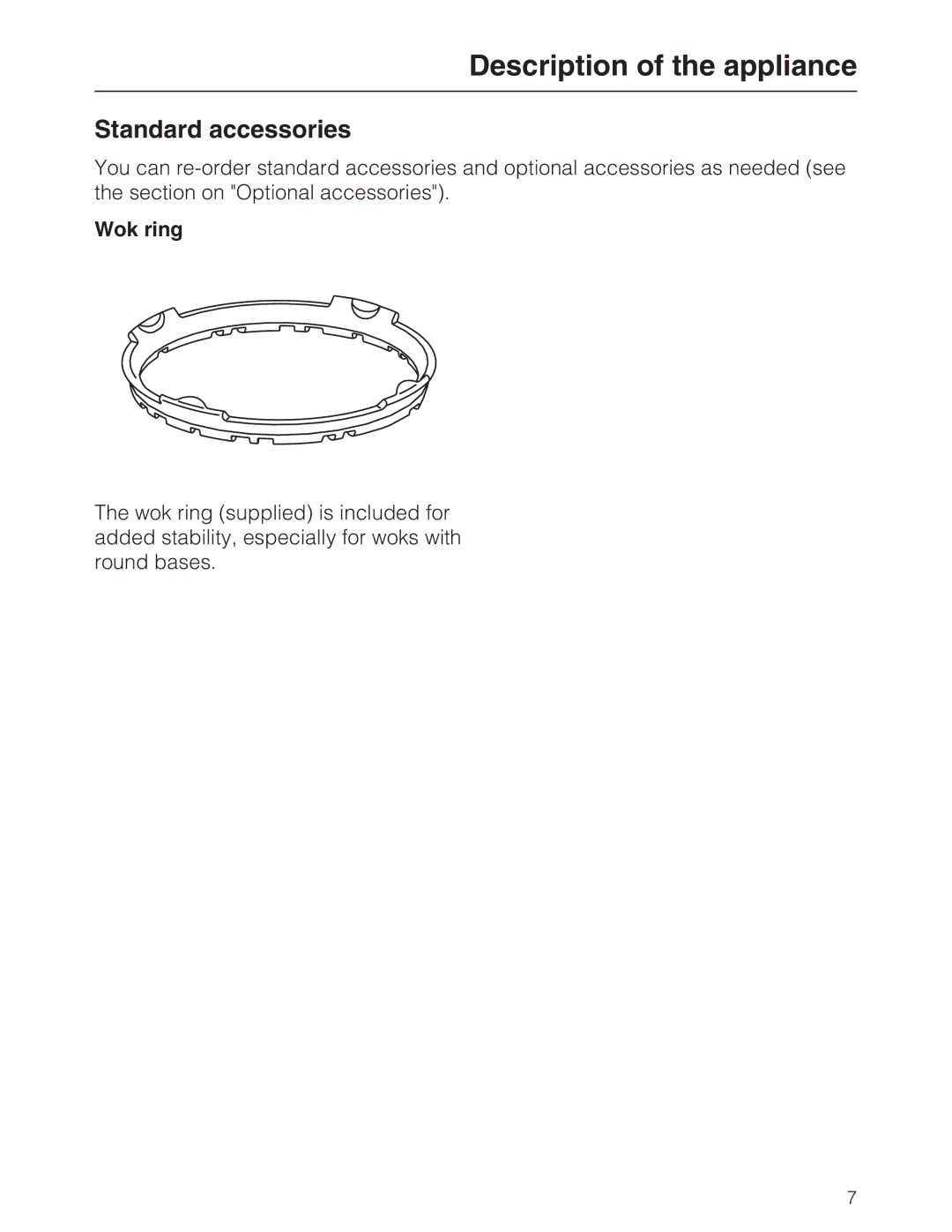 Miele KM 2030, KM 2050 manual Standard accessories, Wok ring 