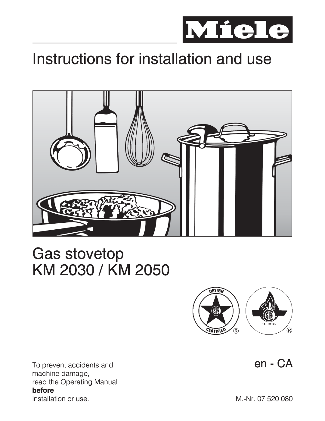 Miele KM 2050 manual Instructions for installation and use, Gas stovetop KM 2030 / KM, en - CA 