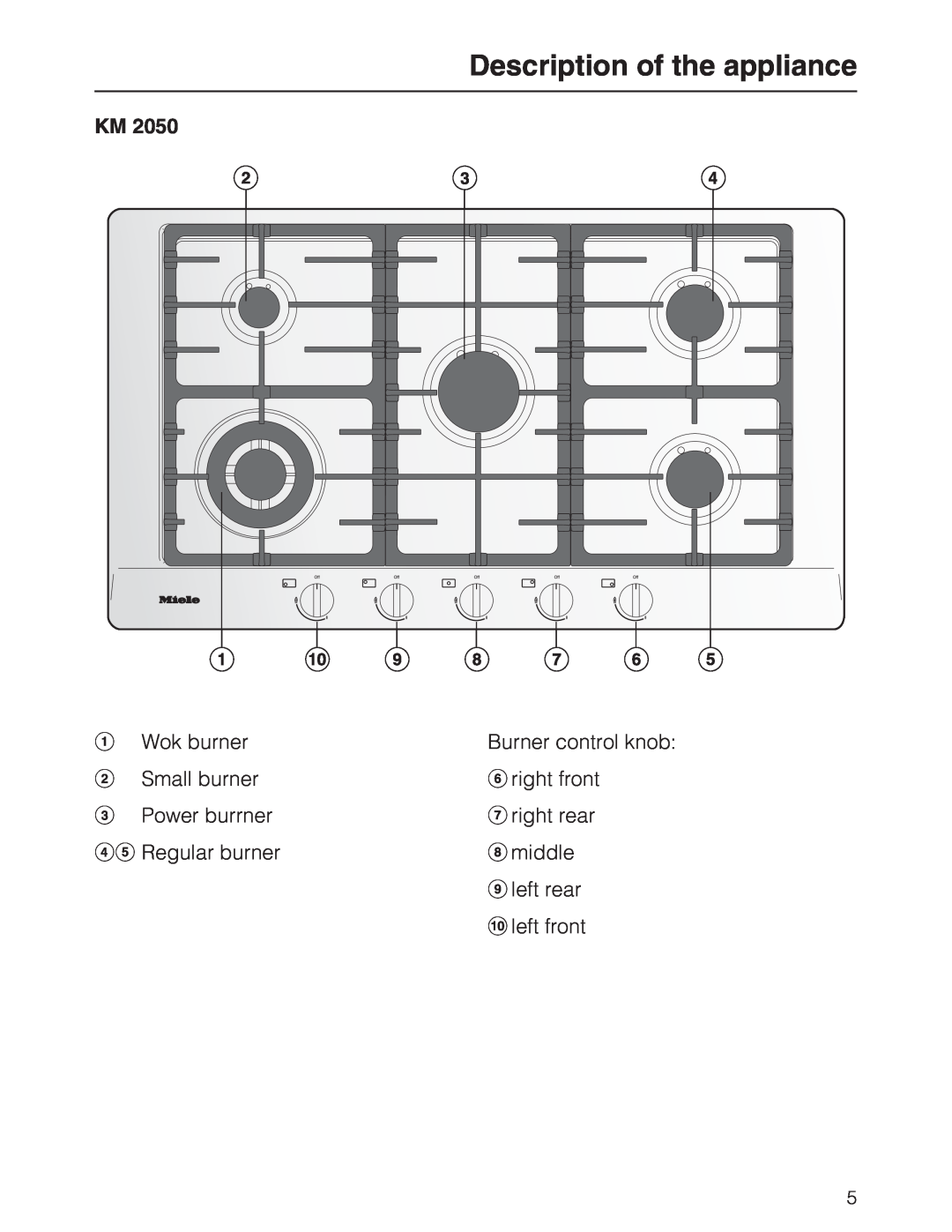 Miele KM 2030, KM 2050 manual Description of the appliance, Wok burner 