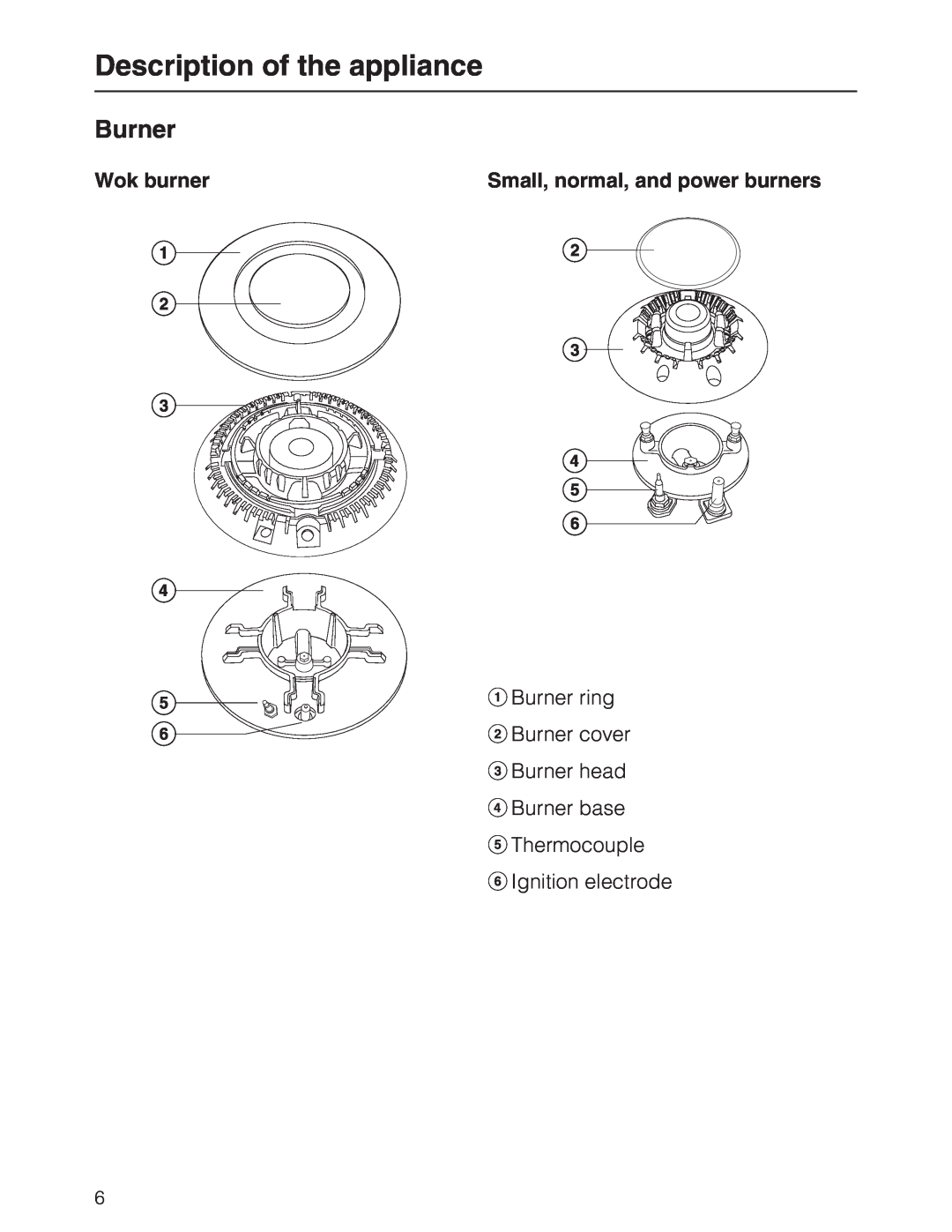 Miele KM 2050, KM 2030 manual Burner, Description of the appliance, Wok burner, Small, normal, and power burners 