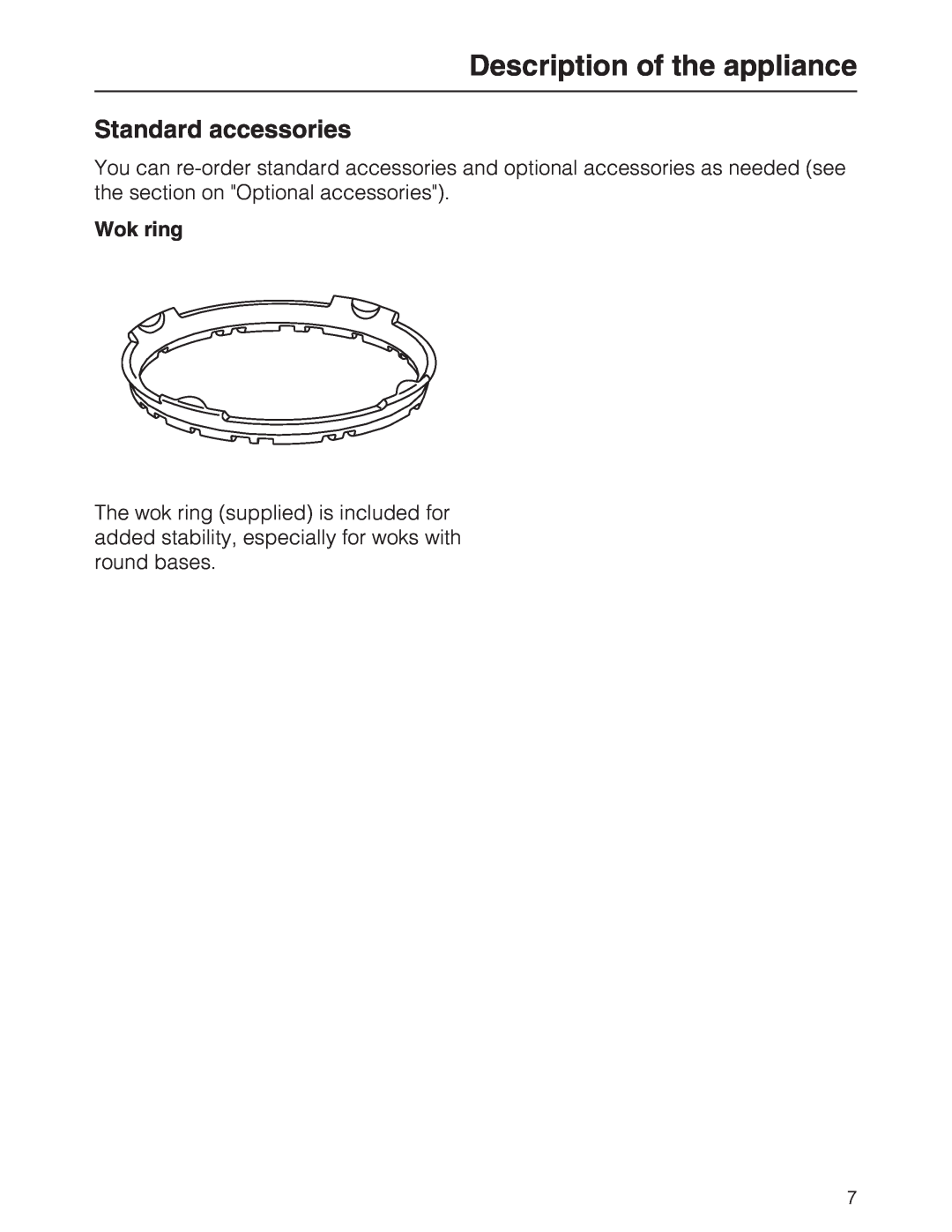 Miele KM 2030, KM 2050 manual Standard accessories, Description of the appliance, Wok ring 