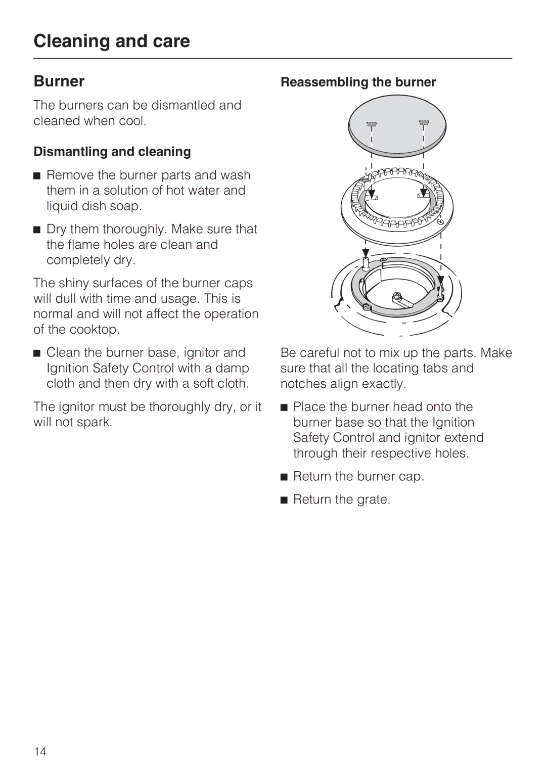 Miele KM 320 operating instructions Burner, Dismantling and cleaning 