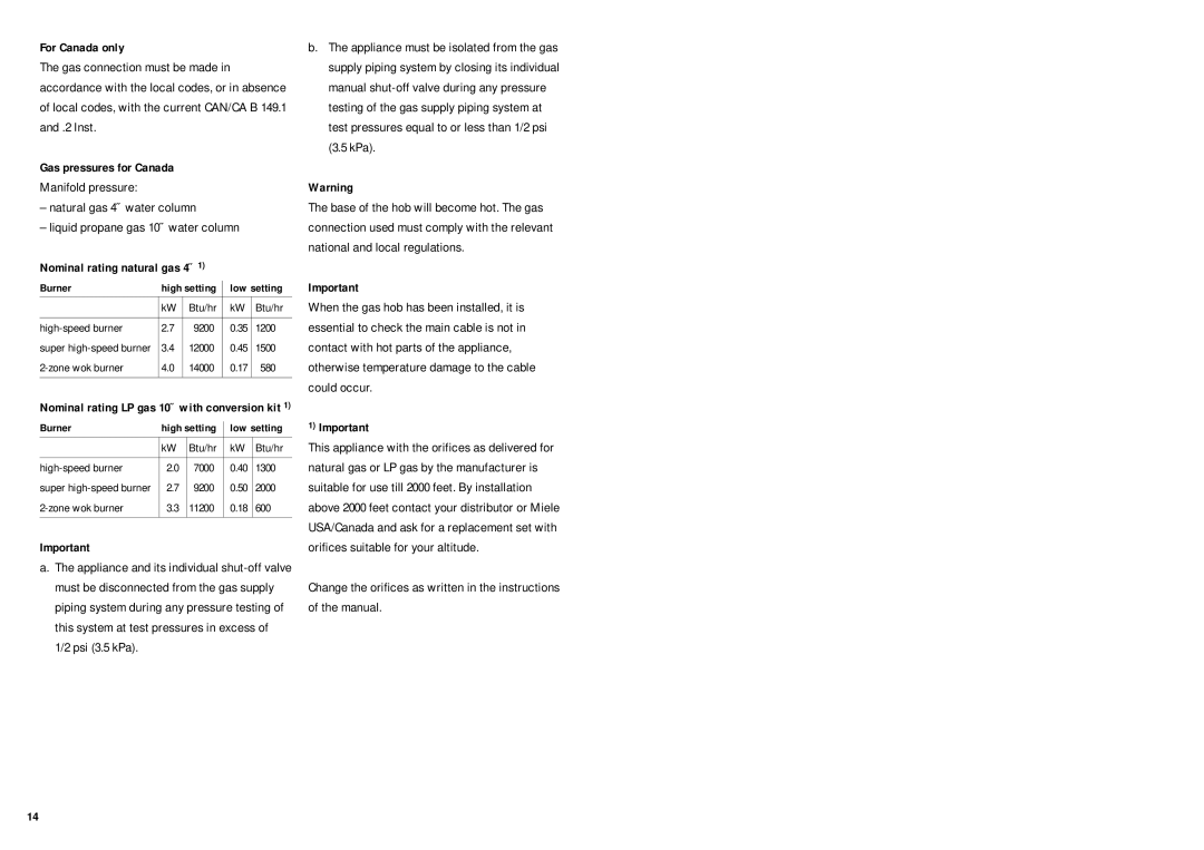 Miele KM 326G manual For Canada only, Gas pressures for Canada, Nominal rating natural gas 4˝ 