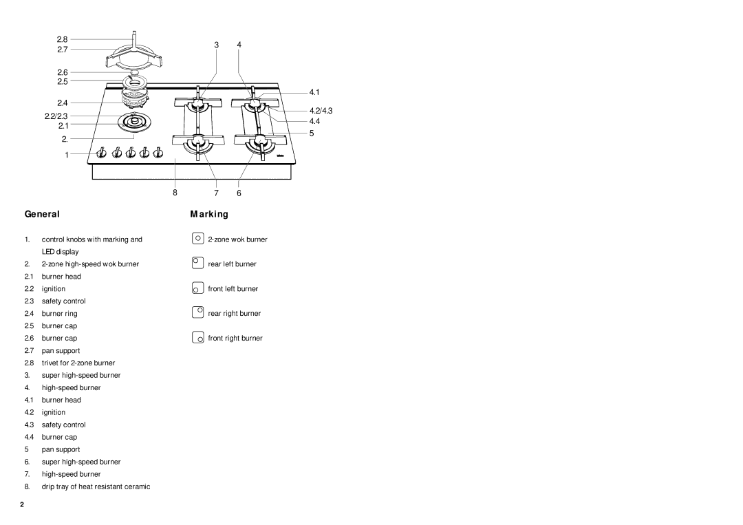 Miele KM 326G manual General Marking, Control knobs with marking, Safety control Burner ring, Burner cap 