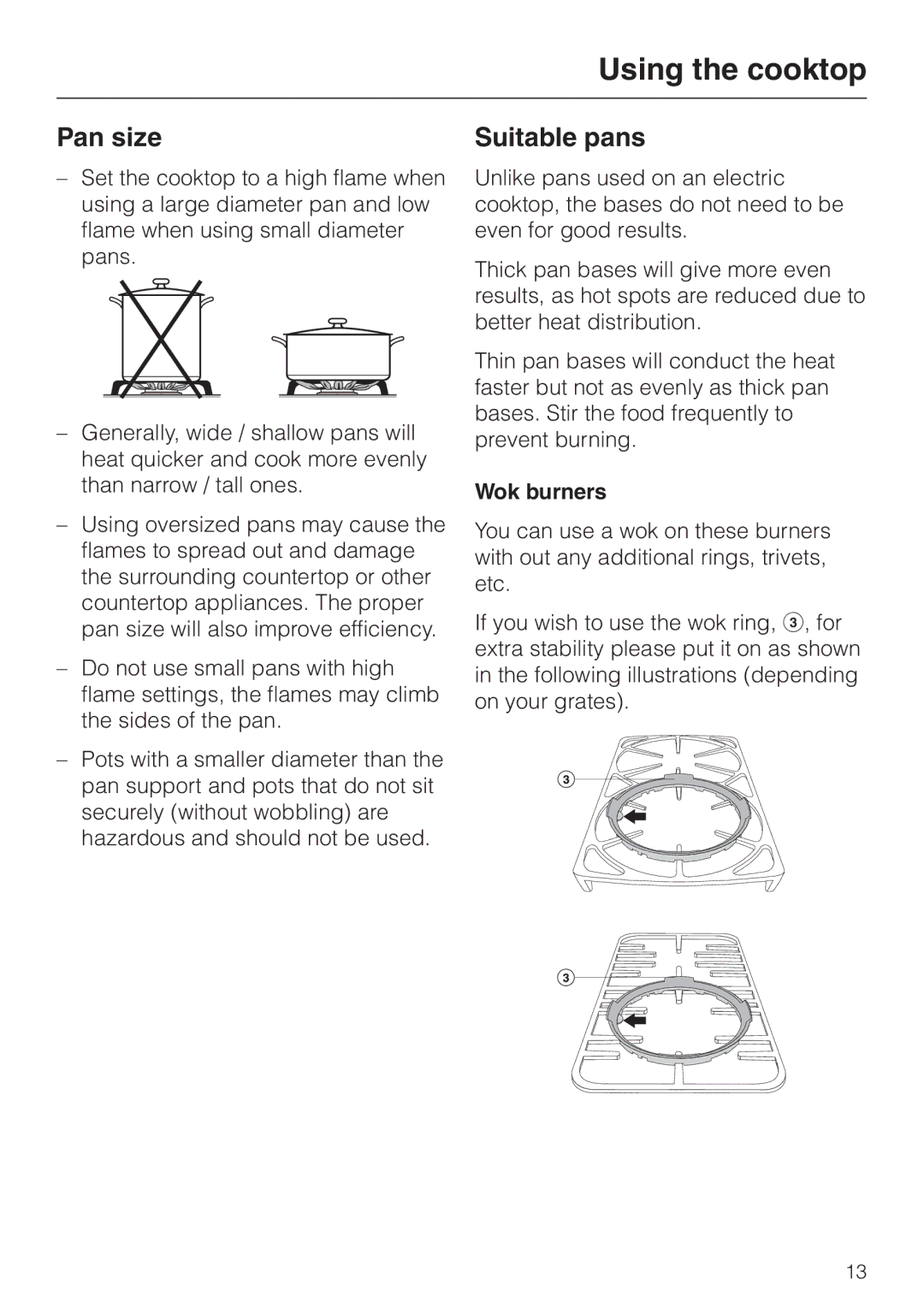 Miele KM 342, KM 344 manual Pan size, Suitable pans, Wok burners 