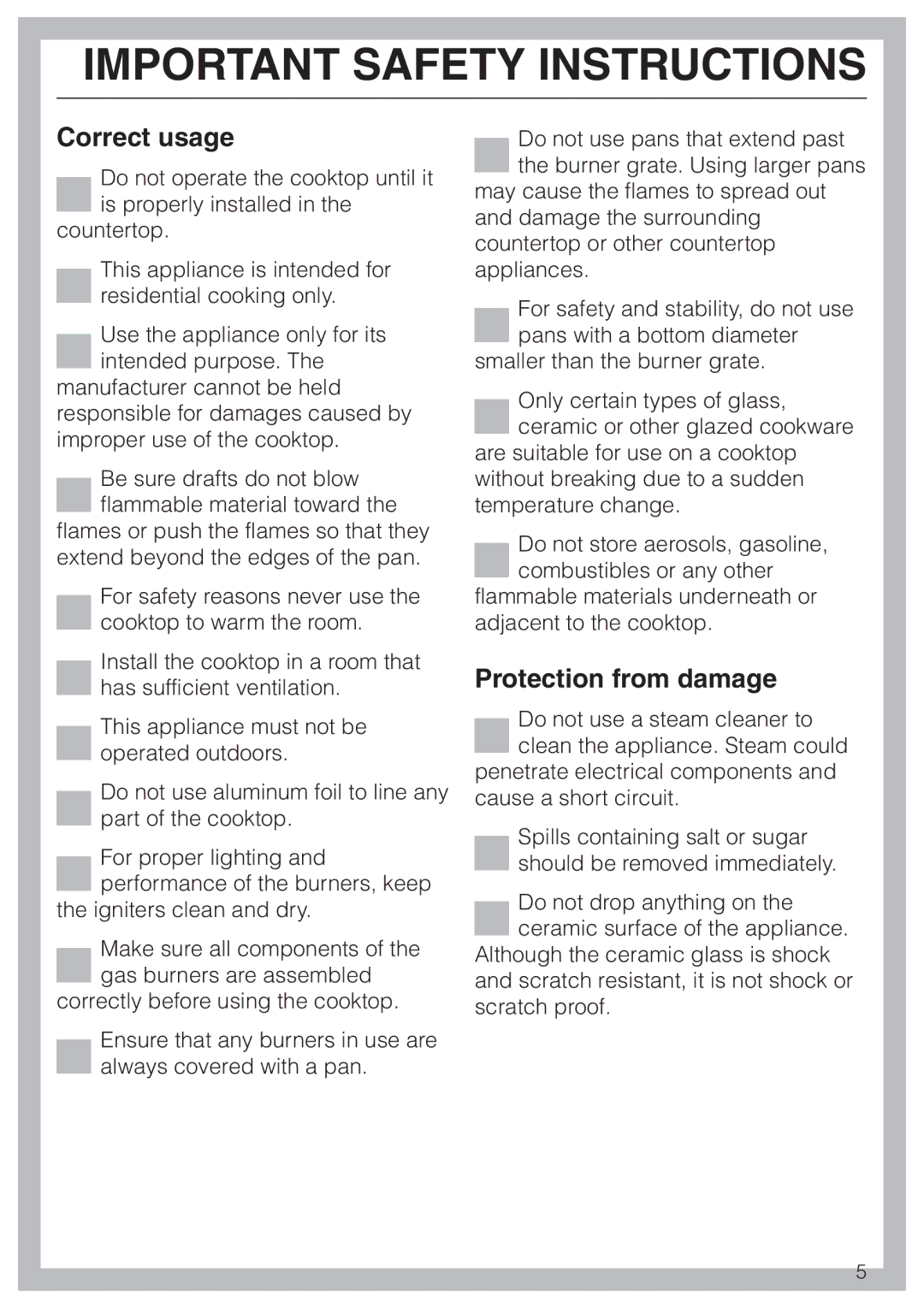 Miele KM 342, KM 344 manual Correct usage, Protection from damage 