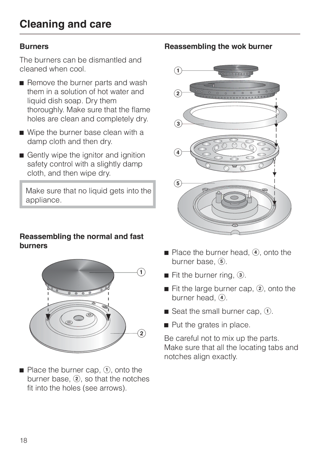 Miele KM 3474, KM 3485, KM 3484 Burners, Reassembling the normal and fast burners, Reassembling the wok burner 