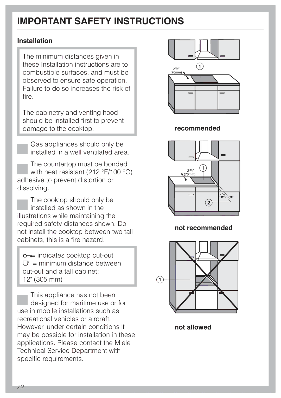 Miele KM 3485, KM 3474, KM 3484 installation instructions Installation, Recommended Not recommended Not allowed 