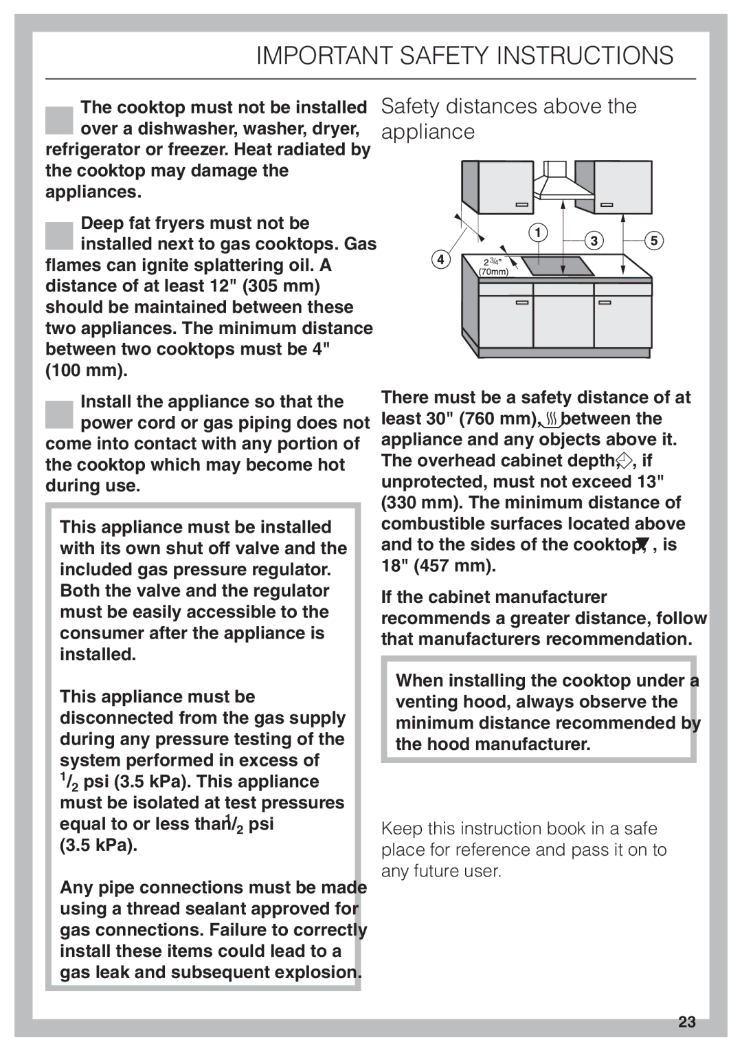 Miele KM 3484, KM 3474, KM 3485 installation instructions Safety distances above the appliance 