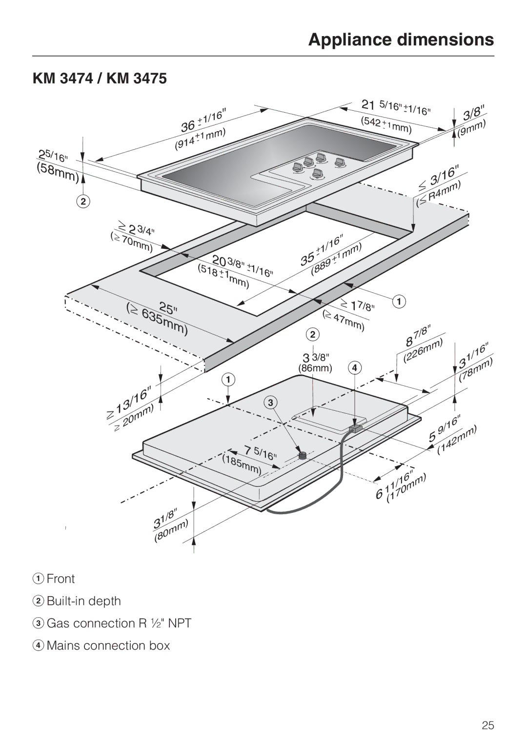 Miele KM 3485, KM 3474, KM 3484 installation instructions 185mm 