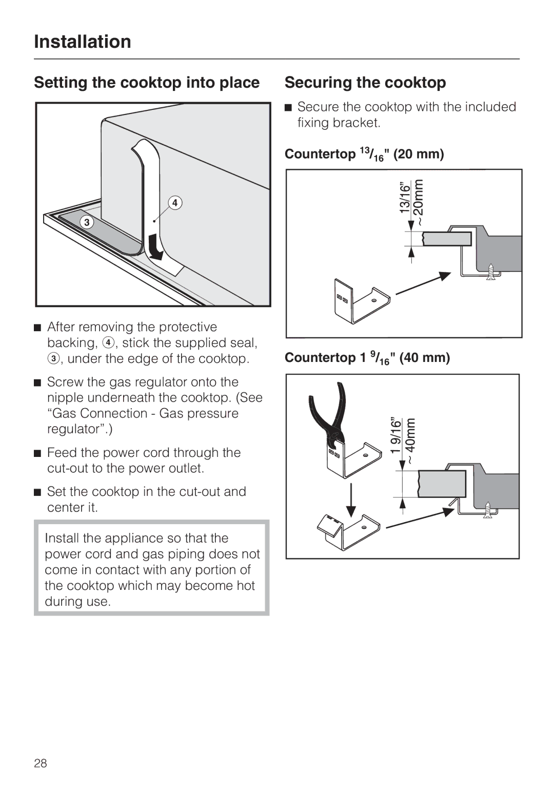 Miele KM 3485 Setting the cooktop into place, Securing the cooktop, Countertop 13/16 20 mm Countertop 1 9/16 40 mm 