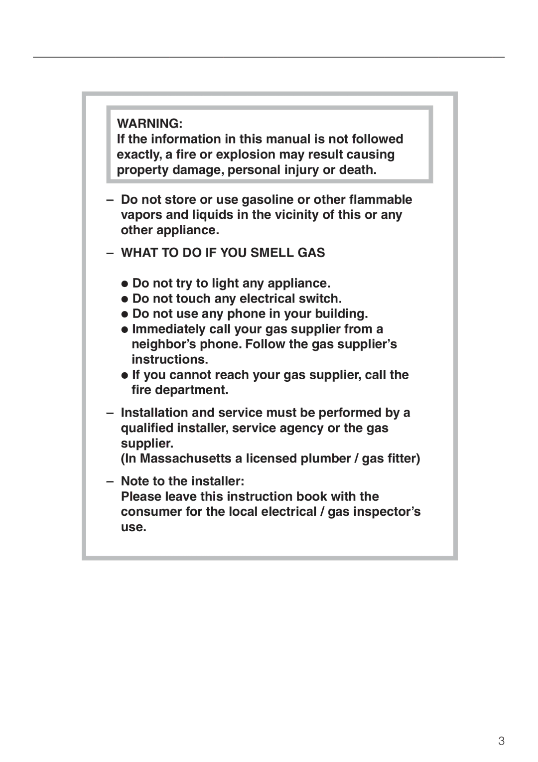 Miele KM 3474, KM 3485, KM 3484 installation instructions What to do if YOU Smell GAS 